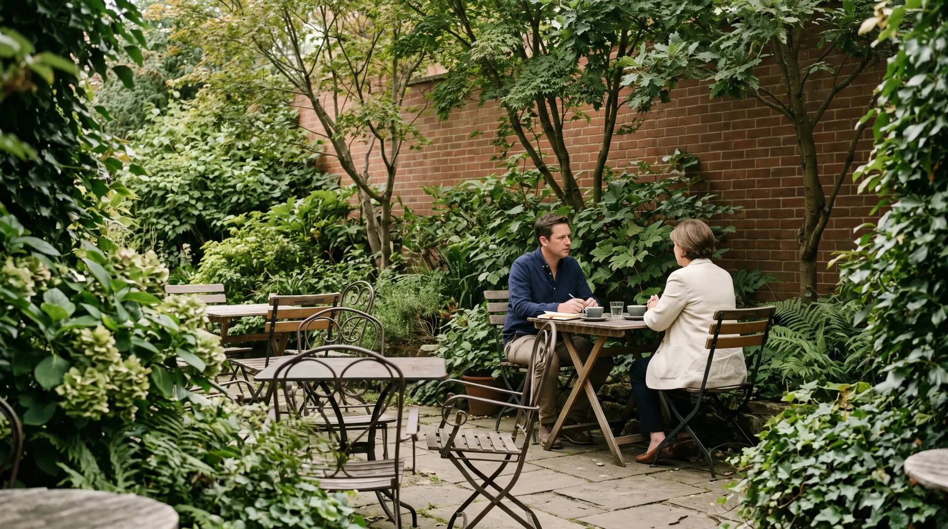 Two adults talking at a table on a leafy outdoor patio