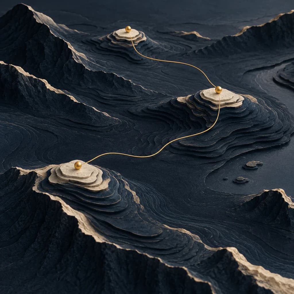 Gold paths connecting three raised locations across a sculpted navy landscape