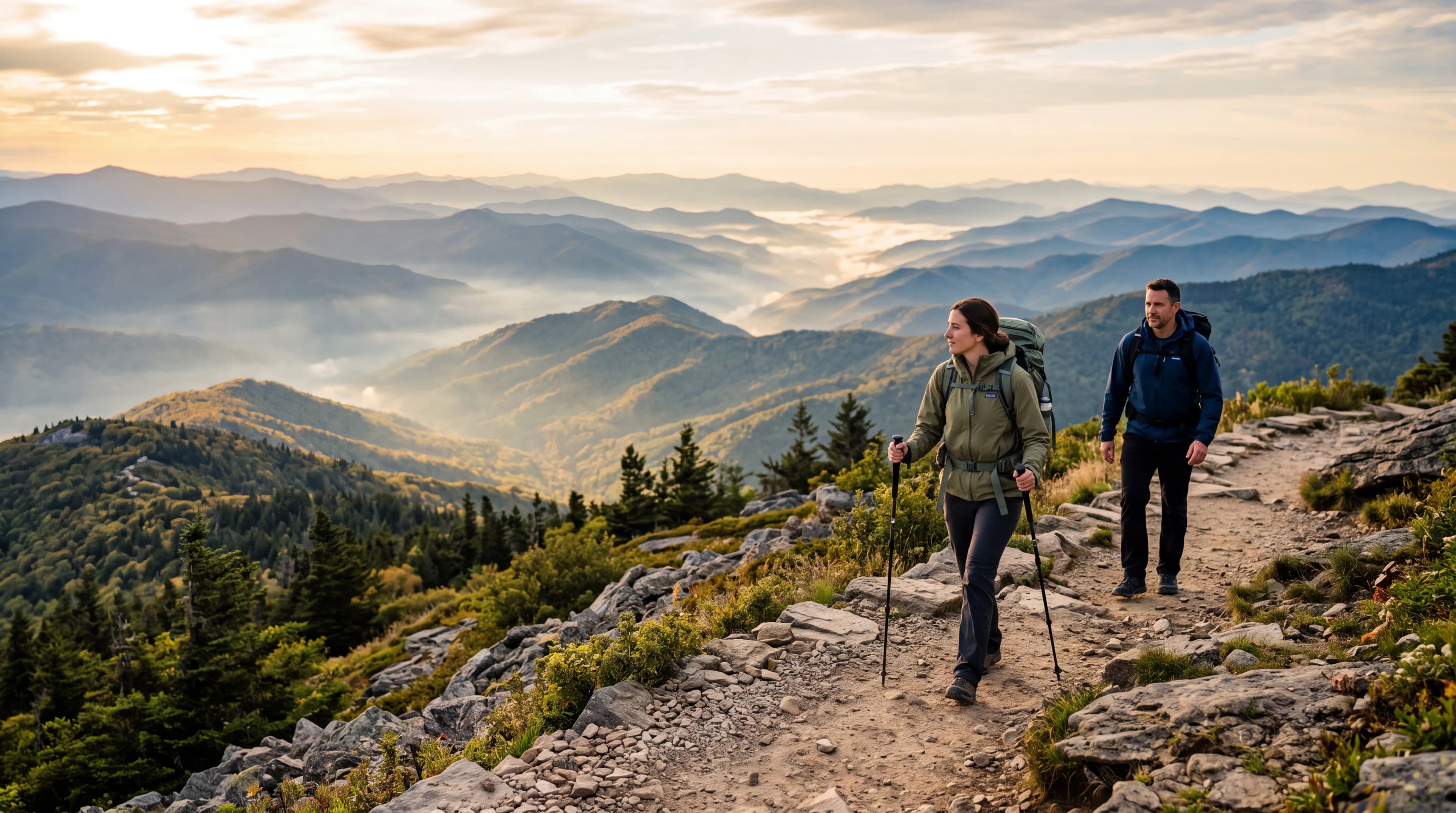 Two hikers follow a mountain trail at sunrise, with one taking the lead.
