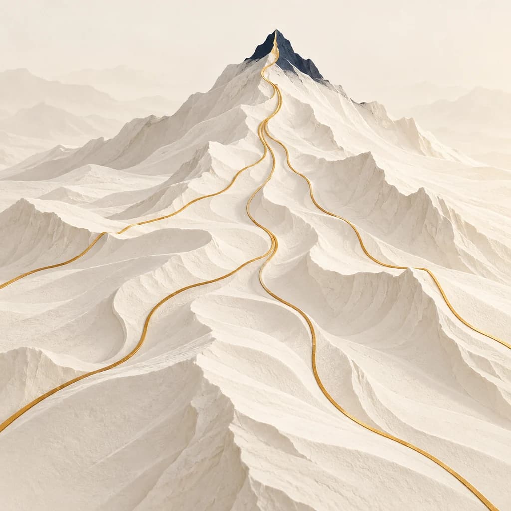 Gold paths converging toward a navy summit across a cream mountain landscape