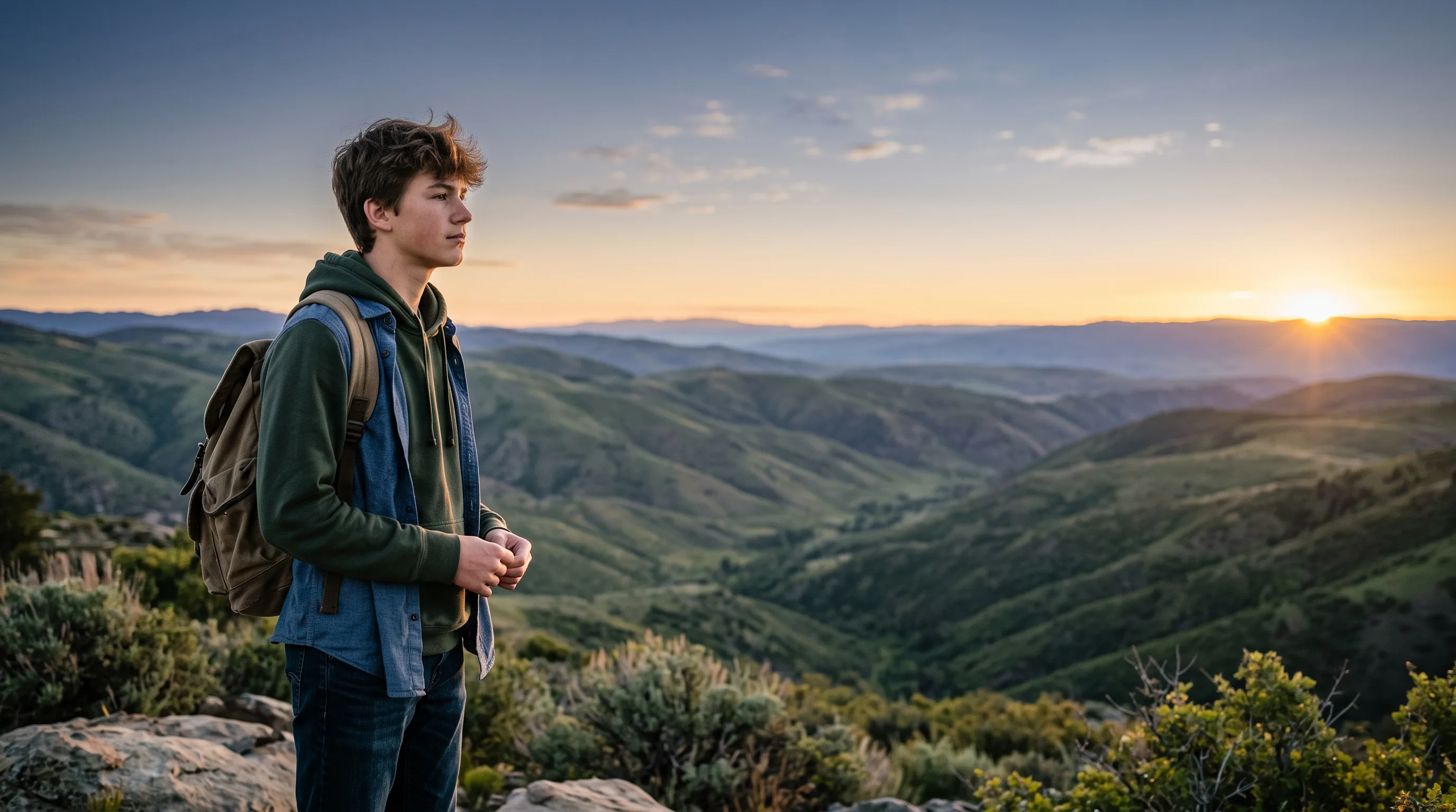 A teenage student with a backpack at a sunlit hilltop overlook, gazing toward the horizon — building skills and momentum