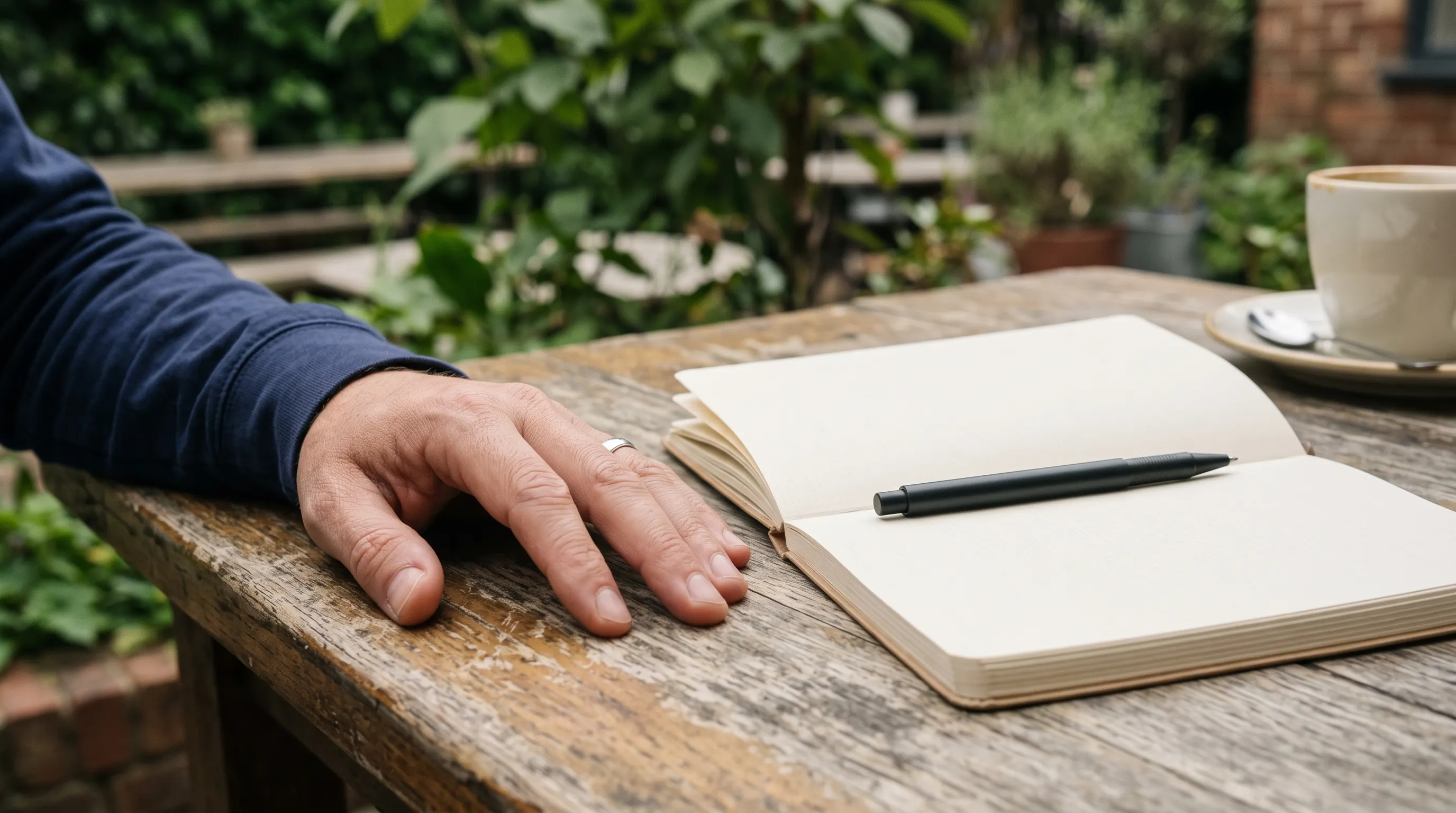 A hand beside an open notebook and pen on an outdoor table