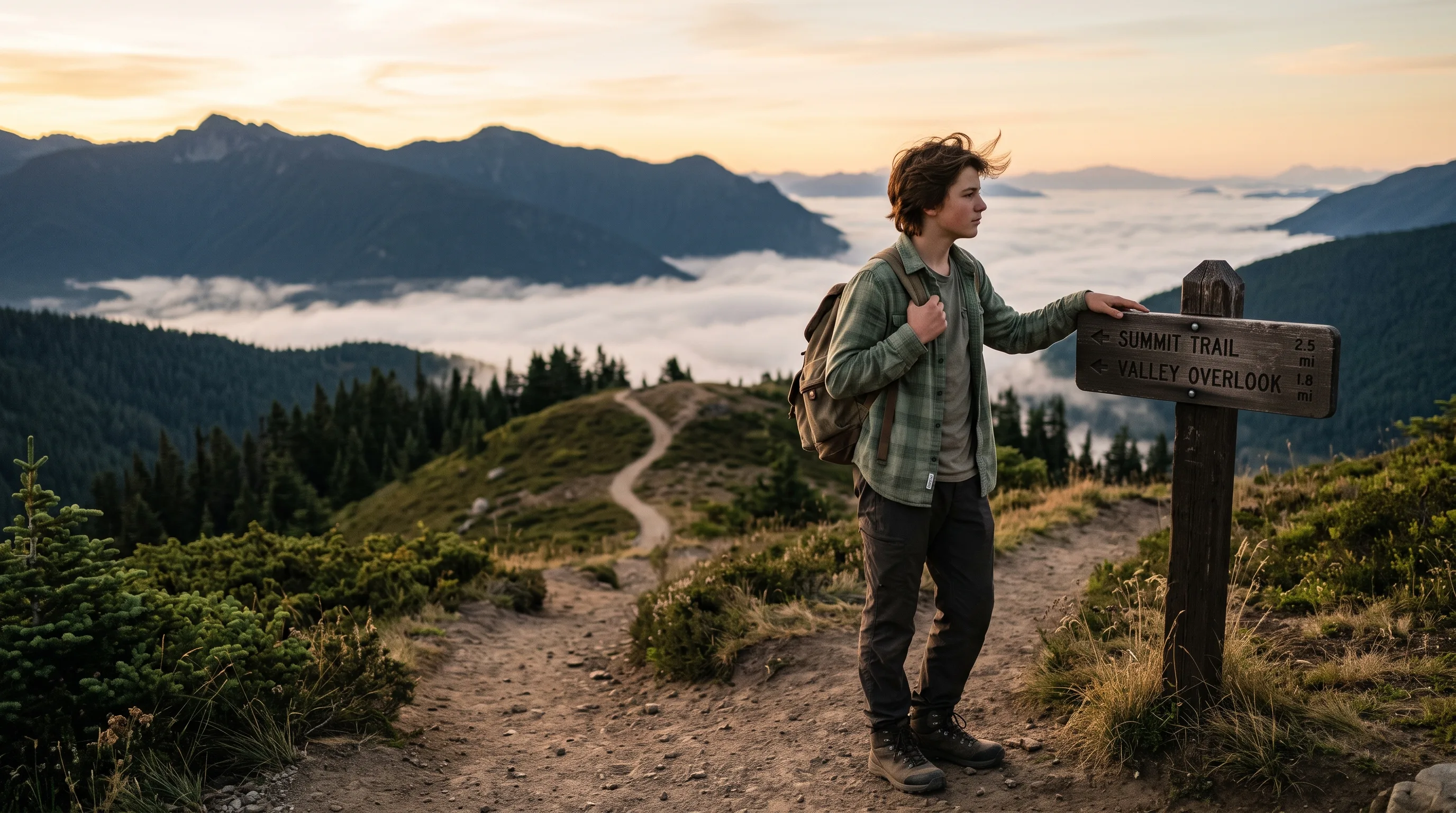 A teenage student with a backpack pausing at a mountain trail junction at sunrise, weighing which way to go next