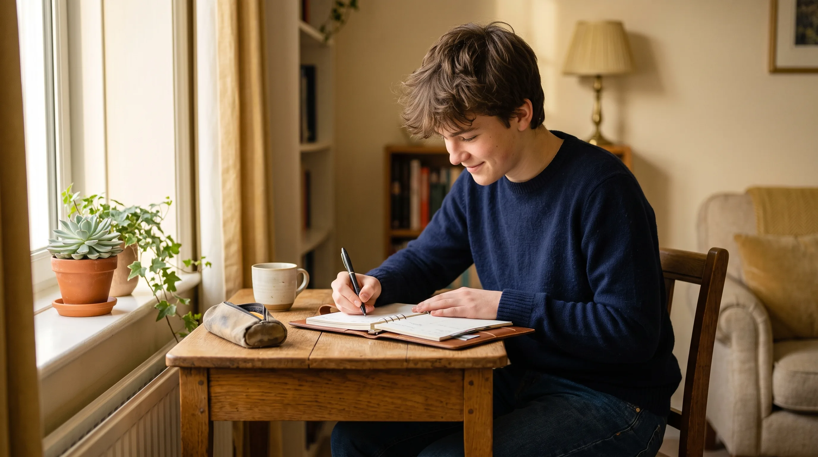 A student working with calm, independent focus at a sunlit wooden desk beside a window
