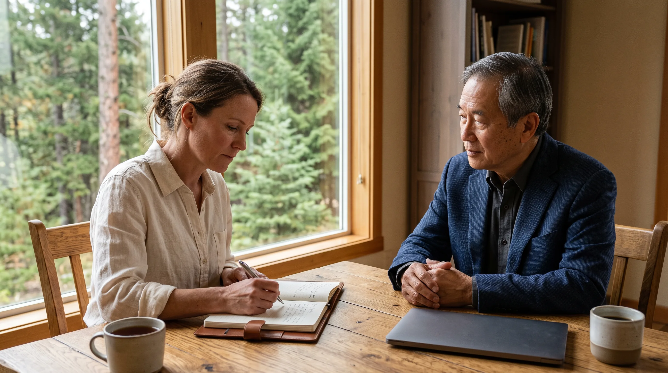A manager makes notes while a business owner listens across a wooden table.