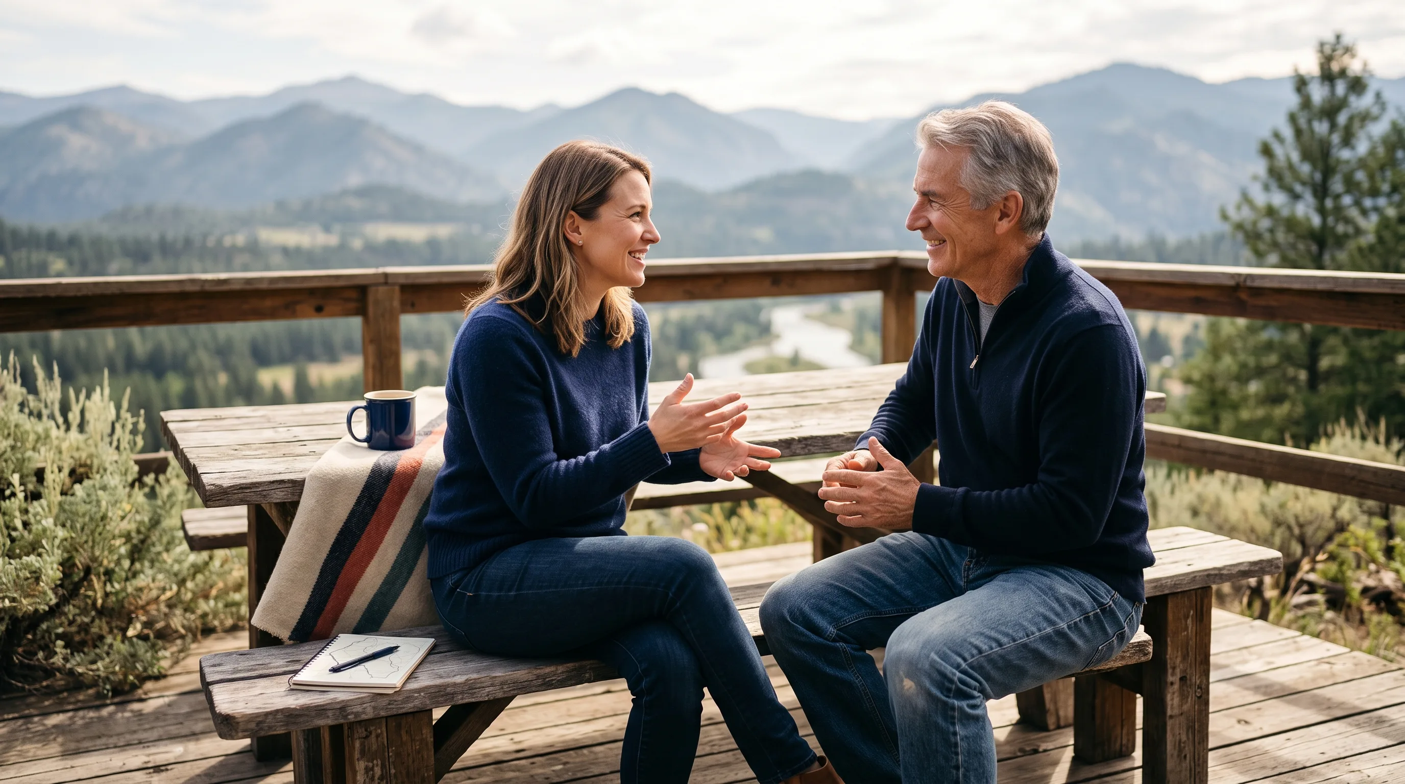 A parent and coach in conversation over coffee on an outdoor deck overlooking the mountains, discussing family communication strategies