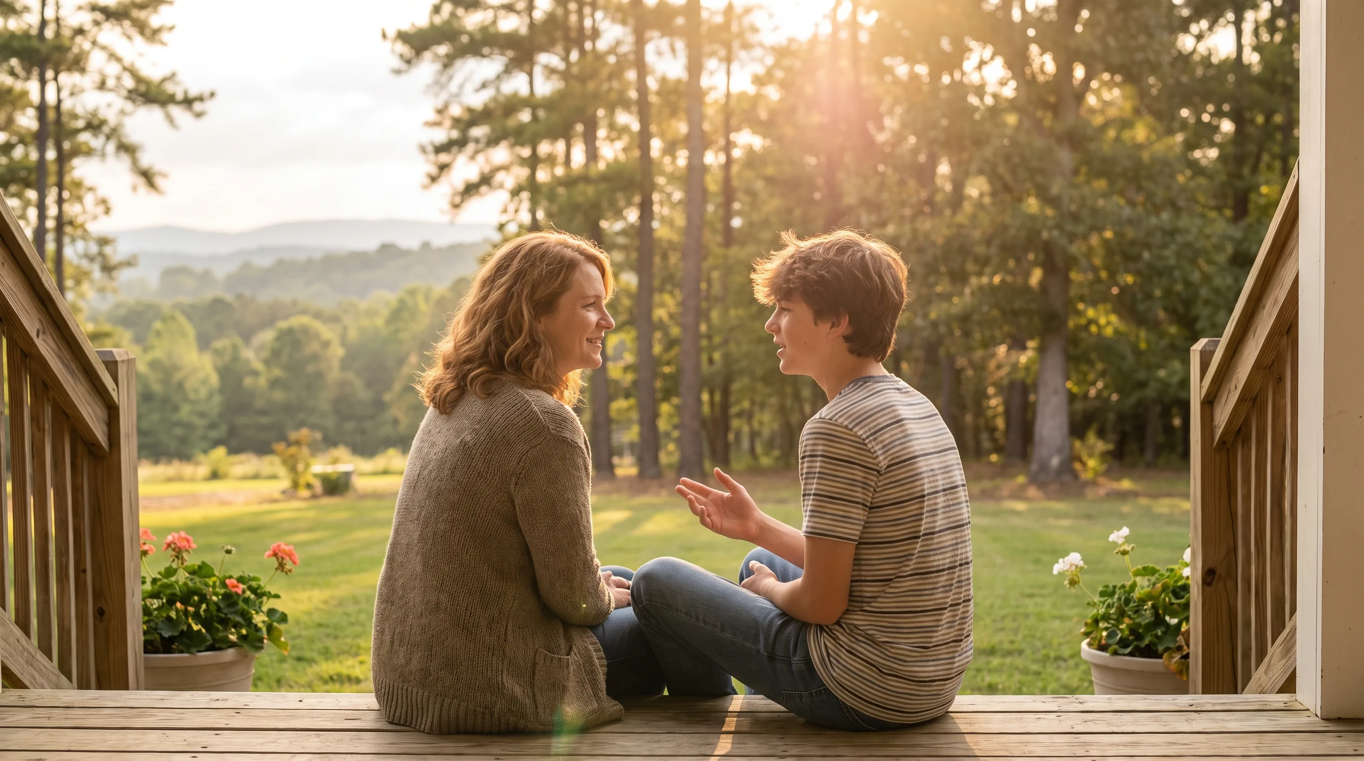 A mother and her teenage son sitting on porch steps in warm evening light, talking easily as he gestures mid-sentence