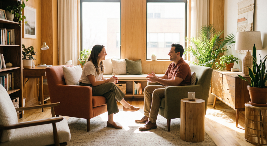 Life coaching session in Raleigh NC - two people in a warm sunlit office