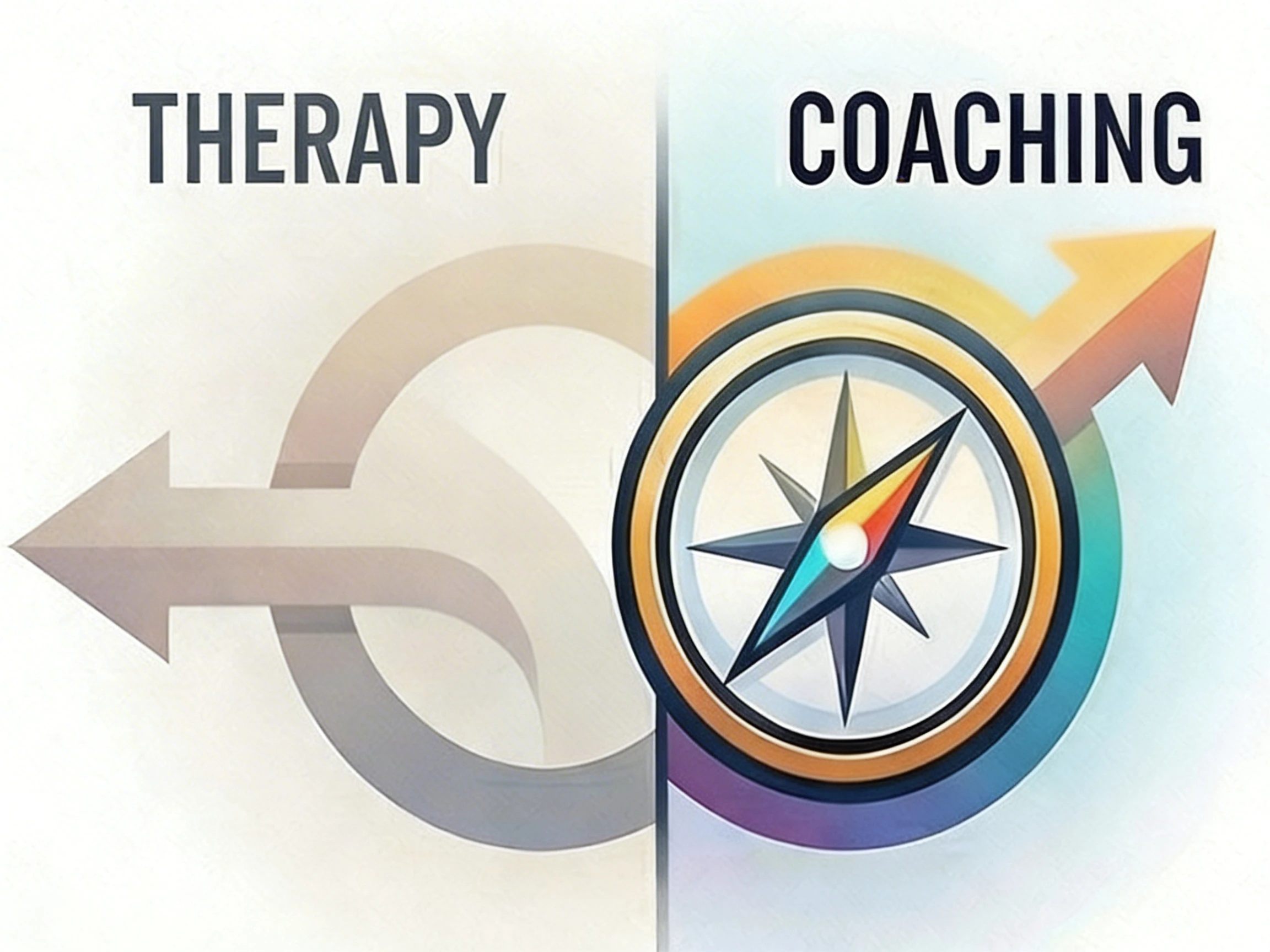 Therapy looks backward, coaching looks forward - compass illustration showing the difference between therapy and life coaching